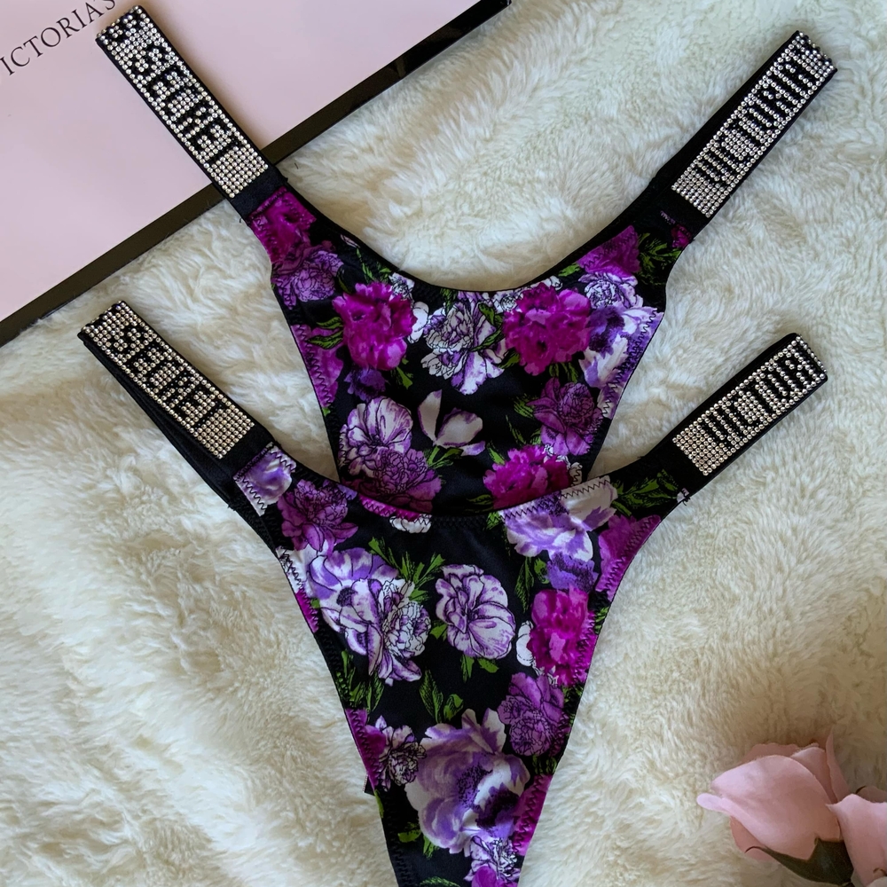 Victoria's Secret Black Thong with Purple and Pink Floral - Size S - M - L